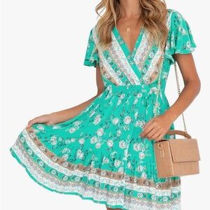Turquoise Tiered Wrap Sundress with Flutter Sleeves